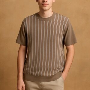 Ben Sherman Tan Blue Stripes Knit Pullover Short Sleeve Sweater Shirt Sz Medium